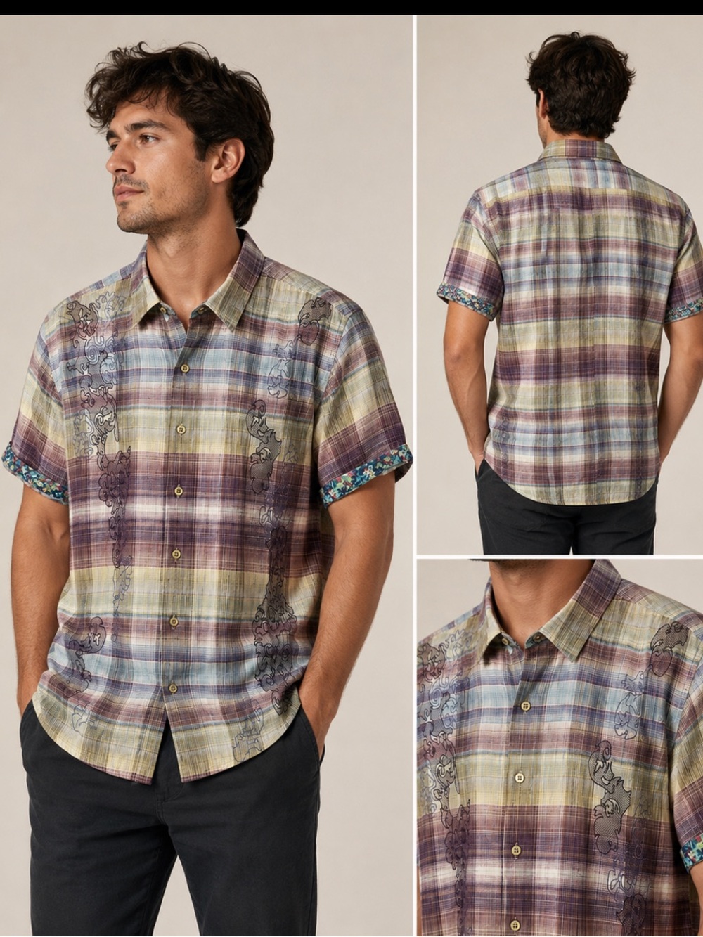 Robert Graham Shirt Lightweight Cotton Plaid Short Button Embroidered 3XL 2XL